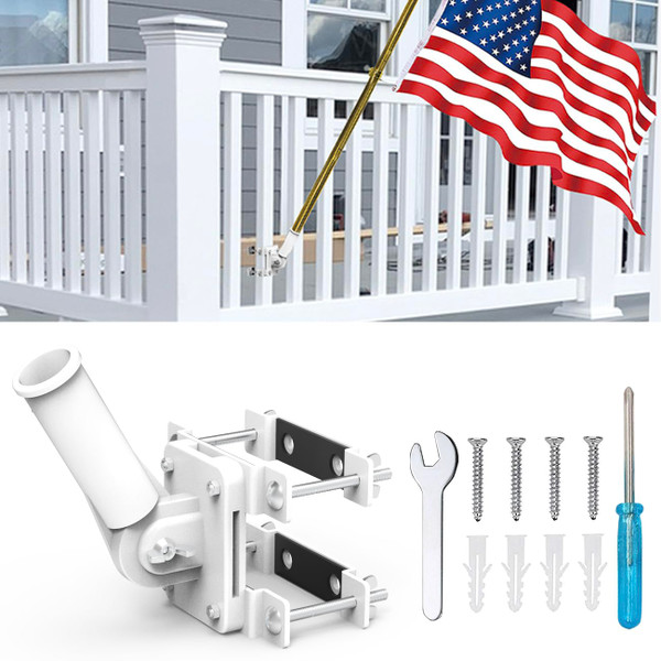 NO Drilling Flagpole Mount Fit for Balcony Railing - Flag Pole Holder Perfect for Porch & Fence - fit Round and Square Railing with Anti-Skid Silicone Patches - for 1 inch or thinner flagpole (White)