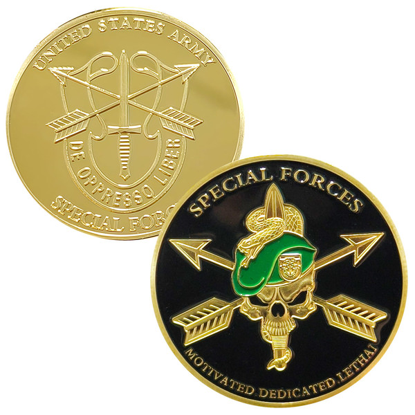 United States Army Special Forces Challenge Coin - Motivated, Dedicated, Lethal - Collectible Military Coin with Green Beret and Skull Design