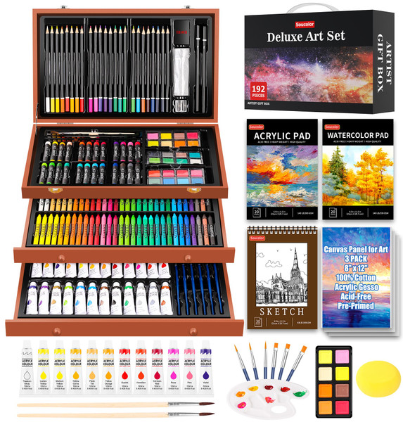 Soucolor Arts and Crafts for Kids Ages 8-12, 192-Pack Deluxe Art Set Coloring Drawing Painting Supplies Art Kit with Acrylic Pad, Watercolor Pad, Sketch Book, Canvases, Acrylic Paint, Crayons, Pencils