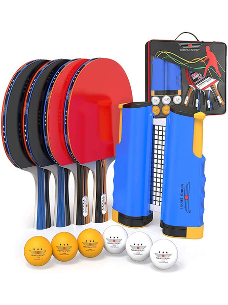NIBIRU SPORT Professional Ping Pong Paddle Set (4-Player) - Table Tennis Paddles Set of 4 with Retractable Net, 6 Balls, and Carry Bag/Storage Case - Table Tennis Equipment & Ping Pong Accessories
