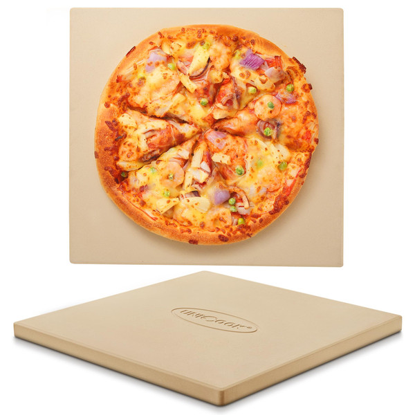 Unicook 16" x 16" Square Pizza Stone for Grill and Oven, Large Cordierite Bread Baking Stone for Crispy Crust Pizzas, Bread and Cookies, Includes Dough Scraper