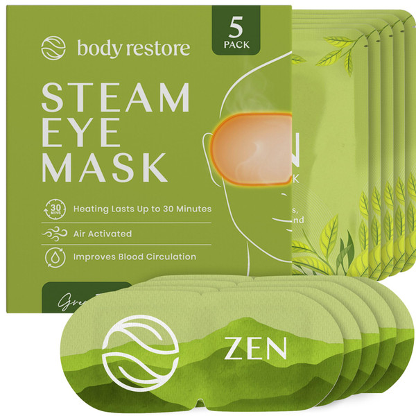 Body Restore Heated Eye Mask for Dry Eyes 5 Pack - Self Heating Warm Compress, Christmas Stocking Stuffers, White Elephant, Birthday Gifts for Women, Men, Stye Eye Treatment, Relaxation - Green Tea