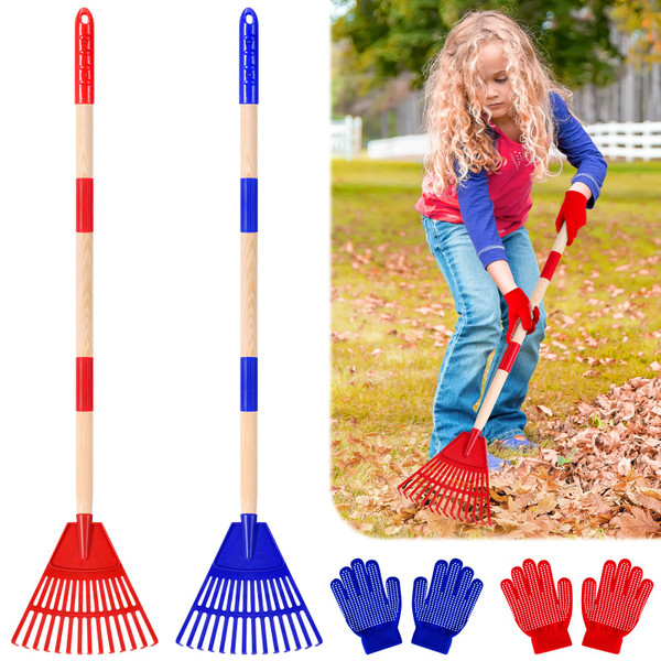 2 Pcs 35'' Kids Rakes for Leaves - Plastic Rake Head with 2 Pairs Kids Gloves, Small Kids Lawn Rakes Detachable Wooden Handle, Autumn Garden Tool Set for Kids Boys and Girls, Red & Blue, 3yr+