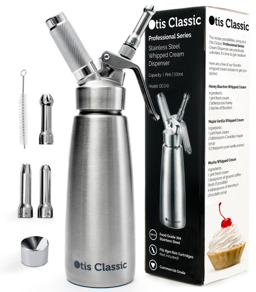 Otis Classic 304 Stainless Steel Whipped Cream Dispenser, 500ml w/ 3 Decorating Nozzles - Commercial Grade Quality Made of Food Grade Stainless Steel - Easy to Use and Clean Ideal for Desserts for Home Chef