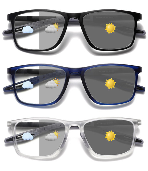 Hubeye Photochromic Reading Glasses for Men 3 Packs UV400 Sun Readers Computer Anti Blue Light Glasses +2.25