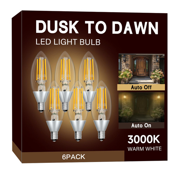 UNILAMP Dusk to Dawn LED Outdoor Light Bulb, Candelabra Light Bulbs Outdoor, 5W Equivalent 40W, 3000K Warm White, 500LM, Edison E12 Base B11, Photocell Sensor for Porch Sconces Patio Garage, 6 Pack