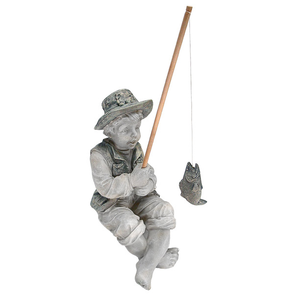 Design Toscano Frederic the Little Fisherman of Avignon Boy Fishing Garden Statue, 15 Inch Tall, Cast Stone Resin, Two Tone Stone Finish