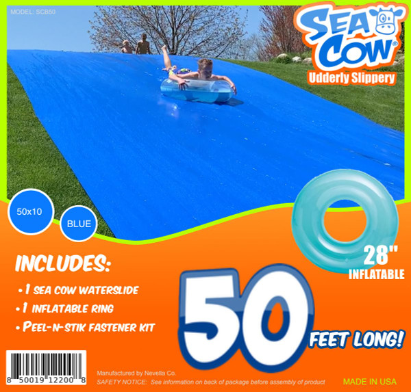 Blue Sea Cow Giant Backyard Water Slide 50 Foot • Inflatable Ring • Peel-N-Stik Fasteners KIT