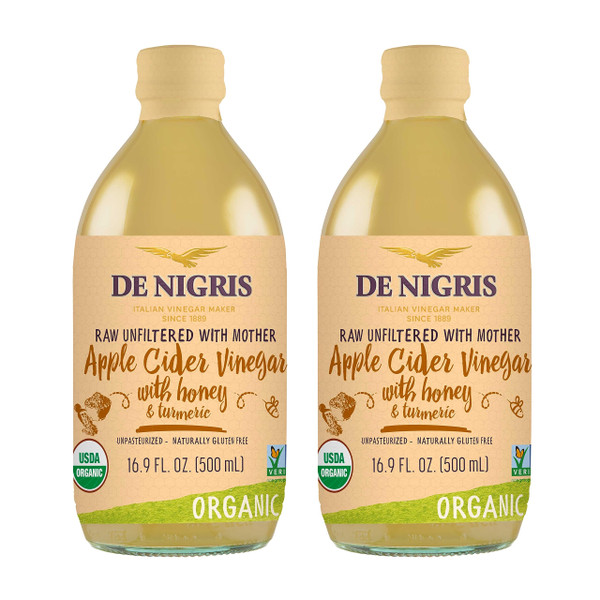 De Nigris Organic Apple Cider Vinegar With Honey & Turmeric, Raw & Unfiltered 16,9 Oz (Pack of 2) | Apple Cider Vinegar With Mother For The Balance Of Metabolism, Organic De Nigris Organic Apple Cider Vinegar With Honey & Turmeric, Raw & Unfiltered 16,9 Oz (Pack of 2) | Apple Cider Vinegar With Mother For The Balance Of Metabolism, Organic