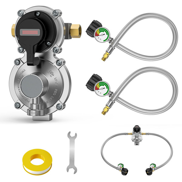 GasXpert 2 Tank-2-Stage Auto Changeover LP Propane Regulator Includes 18" Pigtail Propane Hoses with Gauge, Stainless Braided Hose QCC1 1/4" Inverted Male Flare, 3/8" NPT Female Outer for RV Trailer