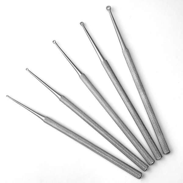 Buck Dermal Ear Wax Remover Cleaning Distel Round Safe Tip with Strong Handle Stainless Steel (5 pcs Set Blunt Straight)