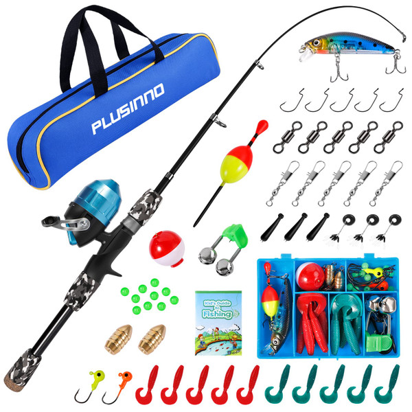 PLUSINNO Kids Fishing Pole with Spincast Reel Telescopic Fishing Rod Combo Full Kits for Boys, Girls, and Adults(Black, 150cm 59.02In)