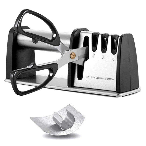 Knife Sharpeners, Best 4 in 1 Manual Kitchen Knives & Scissor Sharpeners, 4 - Stage Knife Sharpening System with Diamond Steel, Ceramic Stone, Ergonomic Design, Non-slip Base（Black）