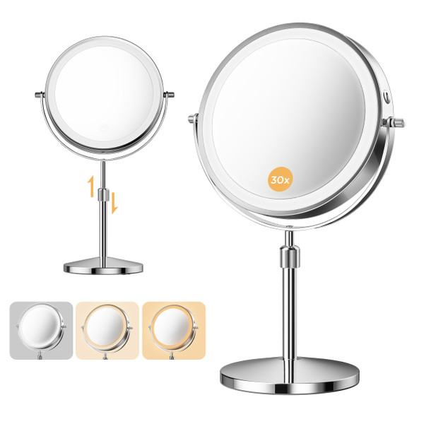 tubbede Makeup Mirror, 1X/30X Double Sided Magnifying Mirror/Switch with 3 Colors, 3200 mAh Rechargeable, 8" Lighted Makeup Mirror with Magnification, Adjustable Brightness, for Vanity or Bathroom