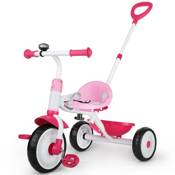 Liberry 2 in 1 Toddler Tricycle Age 2 3 4 Years Old, Kids Trike with Adjustable Push Handle, Bell & Basket, 3 Wheel Bike Riding Toy Birthday Christmas Gift for Girls Boys, Pink