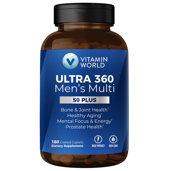 Vitamin World Ultra 360 Multivitamin for Men 50 Plus, Men's 50+ Multivitamin with Minerals & Herbs for Prostate Function, Supplement with Vitamin A, C, D, E & Zinc for Healthy Aging, 180 Caplets