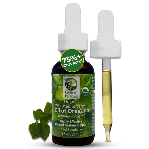 Center of Paradise Wild Mediterranean Oil of Oregano with 75%+ Carvacrol (1 fl oz) Certified Oregano Oil Organic Drops in Extra Virgin Olive Oil for Immune* & Respiratory* Support, Approx 450 Servings