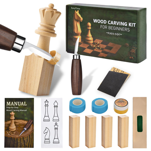 EasyTime Wood Carving Beginners Kit: Whittling Hobby Project with Basswood Blocks Instruction Chess Sticker for Teens & Kids - DIY Craft Tool Set for Family Activity