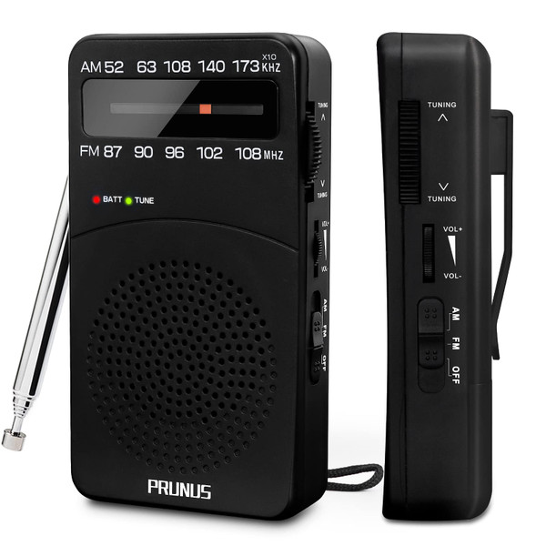 PRUNUS J-166 Portable Radio AM FM, Battery Operated Radio with Tuning Light, Back Clip, Excellent Reception, AM FM Radios Portable, Transistor Radios