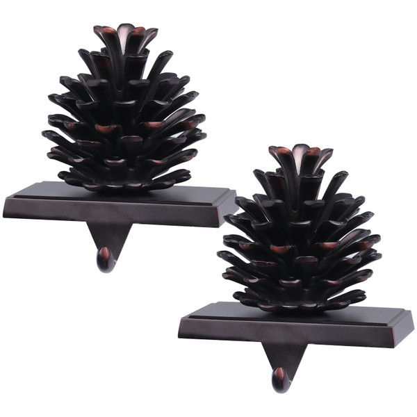 Hxezoc 2 Pack Pine Cone Christmas Stocking Holders, 3D Brown Metal Mantel Stocking Hangers for Christmas Fireplace Mantel Decorations Christmas Holiday Supplies