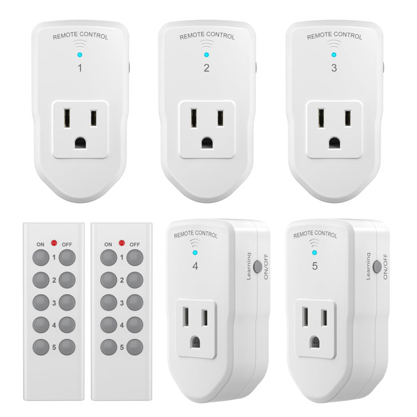 BN-LINK Wireless Remote Control Outlet Electrical Switch for Lights, Fans, Christmas Lights, Small Appliance, 100ft Long Range White (Learning Code, 5Rx-2Tx) 1200W/10A, ETL & FCC Certified
