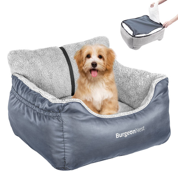 BurgeonNest Dog Car Seat for Small Dogs, Washable Soft Booster Seats for Small Pets Under 25 lbs, Portable Cat Carseat Travel Bed with Storage Pockets and Clip-On Leash, Grey