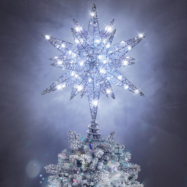 Luxspire Christmas Tree Topper, 3D Lighted Star Tree Topper with USB Plug-in & Remote Control, 9.6" Christmas Tree Star Lights for Home Holiday Decor, 6H Timer & 8 Lighting Modes, Silver