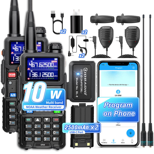 Ham Radio Baofeng 5RM 10W Long Range Walkie Talkies with Wireless Programmer,NOAA Emergency Weather Radio,2500mAh USB-C Battery,Long Antenna,Speaker Mic,999CH for Survival Gear Hunting Camping - 2Pack
