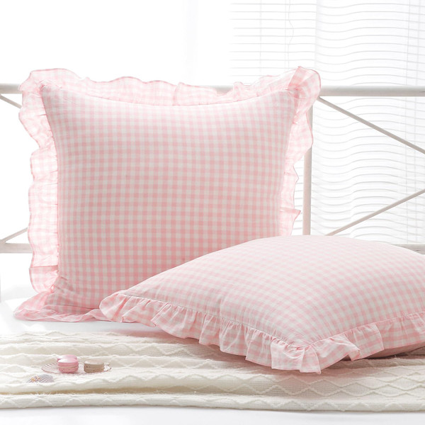 K MASANIJI 2 Pack Blush White Plaid Ruffle Gingham Euro Shams Pillow Covers, 100% Washed Cotton Checkered Farmhouse Pillowcases for Bed/Sofa - 26"x26"