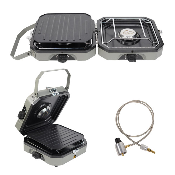 2 Burner Propane Camping Stove with Grill - CloudHand Foldable Camp Stove with 16,000 BTU, Two Adjustable Burners with Piezo Ignition & Easy Carrying Handle Grey