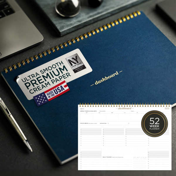 Ink+Volt Dashboard Spiral Deskpad | Undated Weekly Planner Notepad w/ 52 Undated Sheets, Premium Productivity Planner, Minimalist Weekly to do List for Work & Study | A4 Size, Navy - Made in the USA