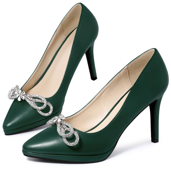 Allegra K Women's Pump Stiletto Emerald Green Heel Platform Rhinestone Bow Pointed Toe Pumps 7 M US