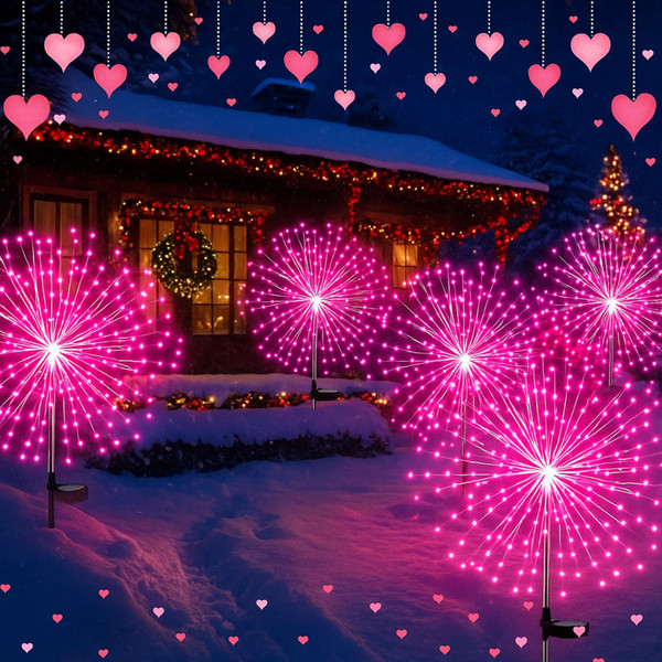 Tujoe 6 Pack Pink Christmas Solar Firework Lights 180 LED 8 Lighting Modes Waterproof Outdoor Decorative Solar Lights for Xmas Wedding Valentine Birthday Garden Patio Yard Pathway Walkway Lawn Decor