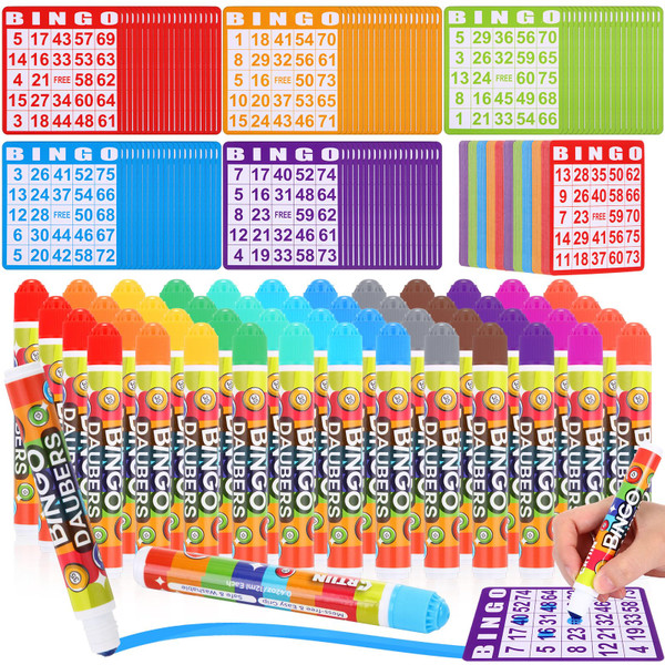 Crtiin 148 Pack Bingo Game Cards and Dot Daubers Set Includes 100 Bingo Cards and 48 Dot Markers Supplies Calling Card Set for Large Groups, Parties, Family Gathering Activity, Game Night
