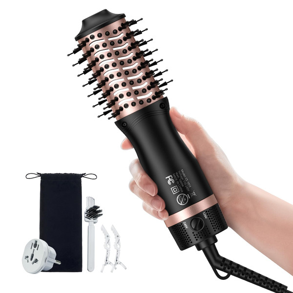 slopehill Mini Travel Dual Voltage Hair Dryer Brush,1000 Watts Hot Air Brush with European Plug, Ionic Hair Dryer and Styler for Women, Oval Barrel 2 Heat & 2 Speed Settings for International Travel