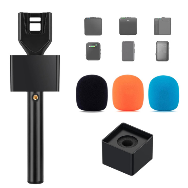 CaTeFo Handheld Adaptor for DJI Mic Rode Wireless Go, Microphone Handel Interview Holder Grip with 1/4" Thread Adapter for Vlog Podcast Reports with 3 Color Foams and Mic Flag