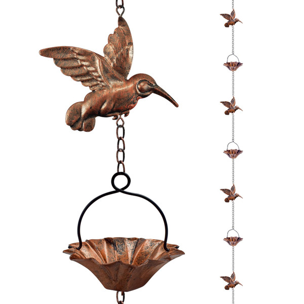 Finphoon 8.5Ft Copper Rain Chains for Gutters, Lotus Rain Catcher Chain for Gutters Outside with Adapter, Hummingbird and Cup Rain Chains for Gutters, Metal Rainwater Catcher Chain