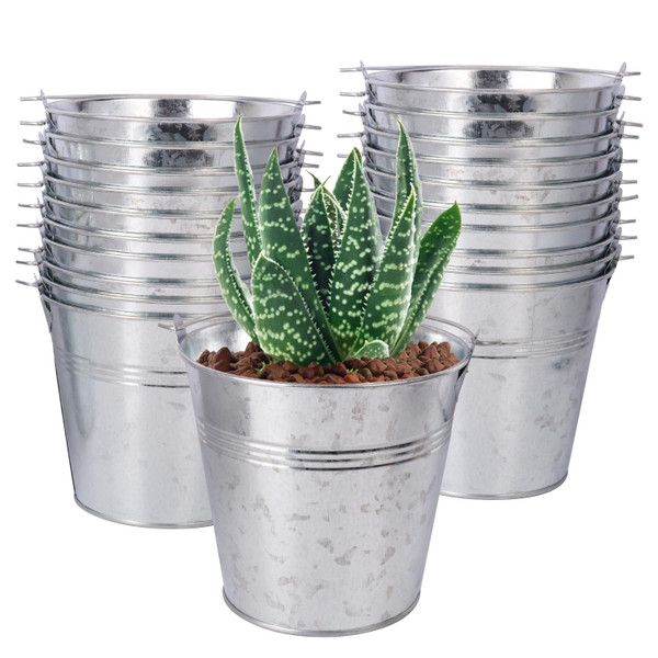 Biugaaufai 20 Pack 4.5 x 5.1 x 2.6 inch Metal Mini Buckets, Elegant Galvanized with Handles, Tin, Small, Mini Metal Pail for Party Favors, Crafts, Garden & Beach