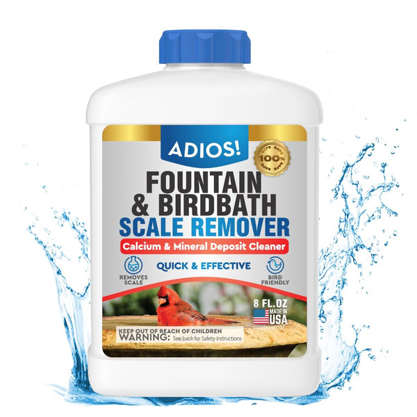 Adios! Fountain Scale Remover for Calcium, Lime and Hard Water Deposits on Bird Fountains, Baths and Water Features (8 oz)