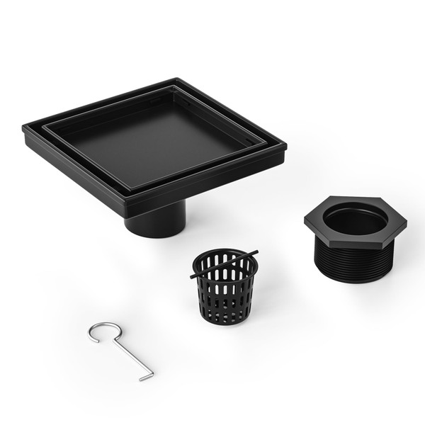 Bernkot Square Shower Drain 6", Matte Black Floor Drain with Tiled Insert Grate & Hair Strainer, 304 Stainless Steel Bathroom 2-in-1 Tiled in Drain, CUPC Certified (Matte Black, 6'') Bernkot Square Shower Drain 6", Matte Black Floor Drain with Tiled Insert Grate & Hair Strainer, 304 Stainless Steel Bathroom 2-in-1 Tiled in Drain, CUPC Certified (Matte Black, 6'')