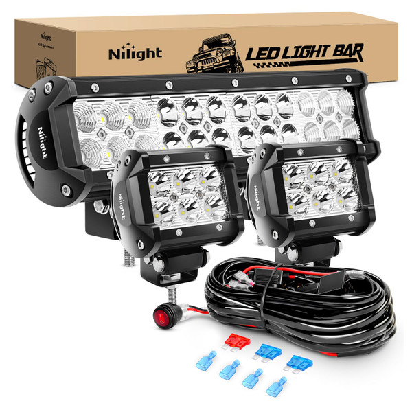 Nilight 12 Inch 72W Spot Flood Combo Led Light Bar 2Pcs 4Inch 18W Flood LED Pods Fog Lights Off Road with Wiring Harness Kit-3 Leads for Van Camper Car Pickup Golf Cart ATV UTV SUV Truck Boat 4x4