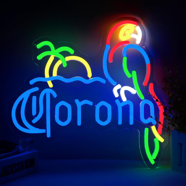 KODGGHK Coron Neon Sign Parrot Neon Lights for Bar Decor, Palm Tree Beer Lights Bar LED Neon Sign Dimmable Light Up Signs Man Cave Home Pub Beer Gift Neon Lamp (Blue)