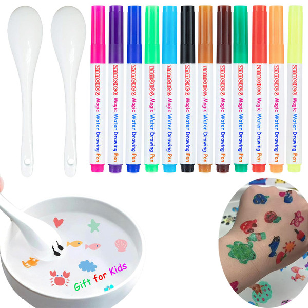 ZMMCHCG Kiddies Create Magical Water Floating Drawings Bundle, 12 Colors Magical Water Painting Pens for Kids, Magic Drawing Water Art Markers Set with 2 Spoons for DIY Tattoo, Gifts for Boys Girls