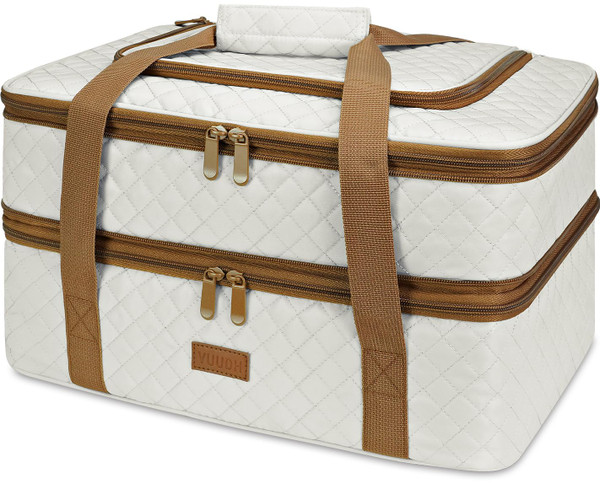 Vuudh Quilted Insulated Double Casserole Carrier - Thermal Lunch Tote for Potluck Parties, Picnic, Beach, Fits 9 x 18 Inches Baking Dish, Casserole Dish, Expandable (Beige)