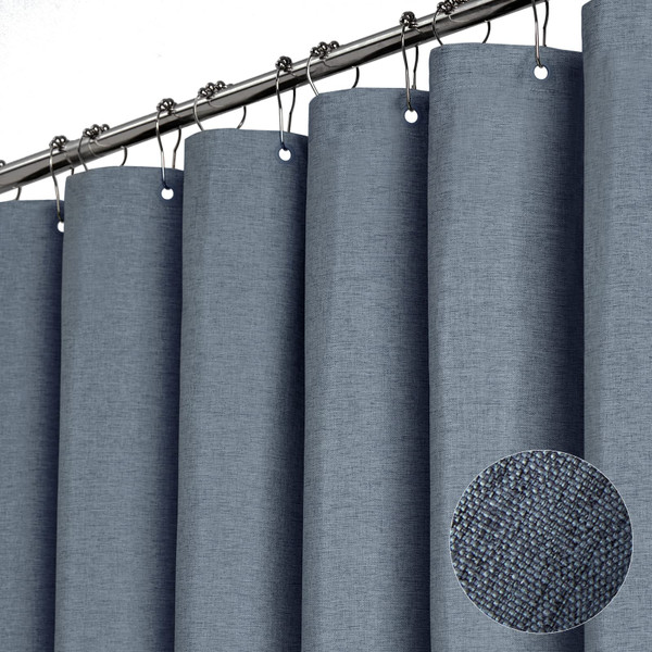 BTTN 96 Inch Extra Long Shower Curtain - Linen Textured Heavy Duty Tall Fabric Shower Curtain Set with 12 Plastic Hooks, Large Simple Neutral Cloth Shower Curtains for Bathroom, 72x96 Inch, Blue Gray
