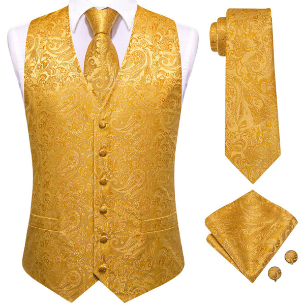 Hi-Tie Jacquard Mens Gold Paisley Silk Suit Vest and Tie Set Lapel Pin Gold Tie Clip Paisley Floral Casual Waistcoat Tuxedo Wedding Party Business