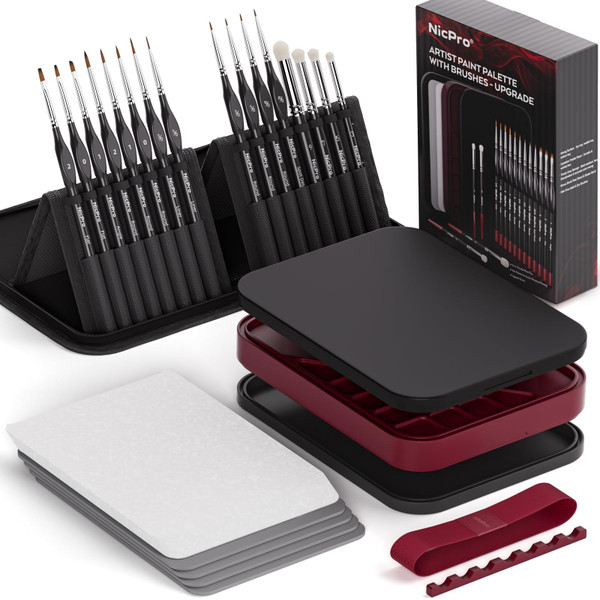 Nicpro Professional Miniature Painting Kit, Stay Wet Palette & 16PCS Detail Paint Brushes Drybrush with Nylon Bag, 100PCS Pallet Paper, 4PCS Sponge, Mixing Paint Saver Palette for Miniature Model