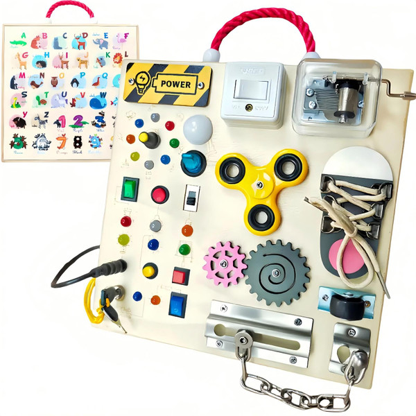 M.Zibos Montessori Busy Board with LED Lights - Wooden Sensory Toy for 1-4 Year Old Toddlers | 10 Switches, Music Box, Spinning, Gears & More | Eco-Friendly Learning Activity Board