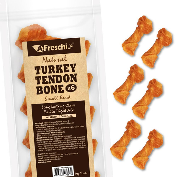 A Freschi srl Turkey Tendons for Dogs, USA-Sourced, Healthy Dog Treats, Rawhide-Free Puppy Chews, Long Lasting, All Natural, Hypoallergenic Dog Treats for Small Breeds, 6 Count Pack Bone (S)