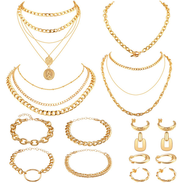 Tiamon 12 Pcs Gold Silver Jewelry Sets for Women Layered Set of Earring Necklace Bracelets for Men Jewelry Gifts(Stylish Style)